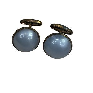 Vintage Blue Pearlescent Stone Cufflinks Gold Tone Metal Pair Round